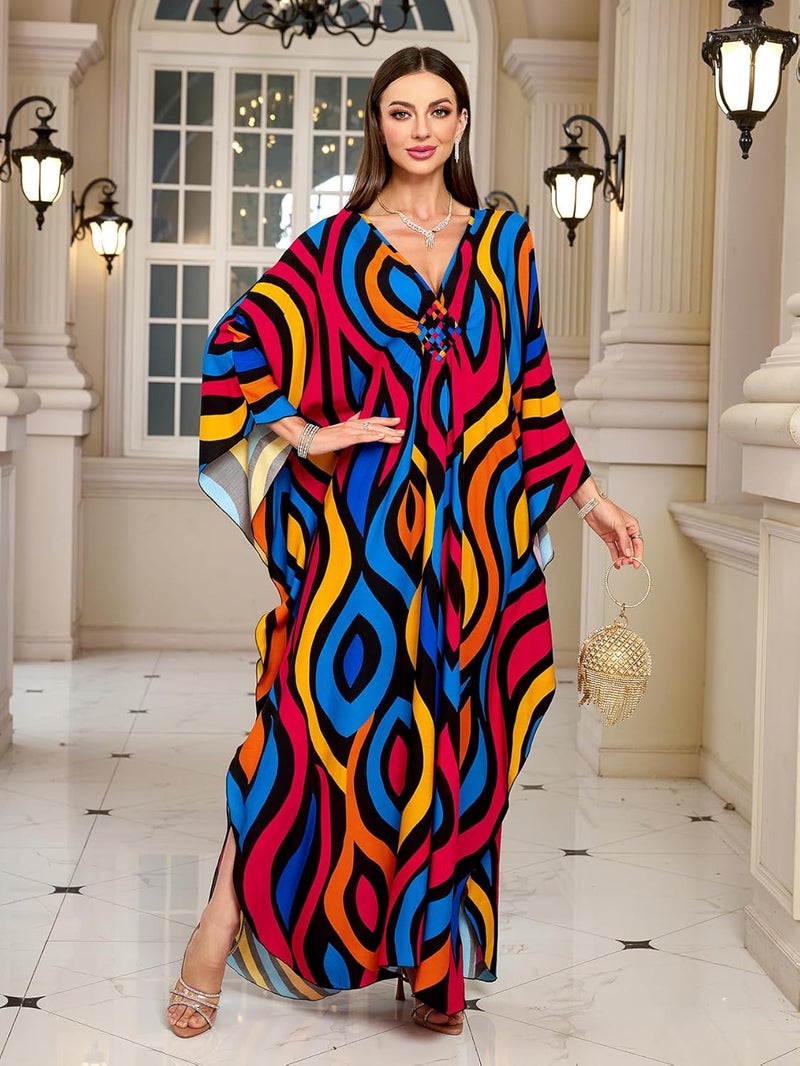 KEYLORTING Women’s Kaftan Beach Cover Up Dress Plus Size Summer Swimsuit Loungewear Maxi Dress - Image 2